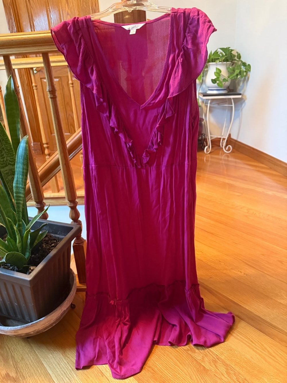 Time and Tru Magenta Ruffle V-Neck Maxi Dress